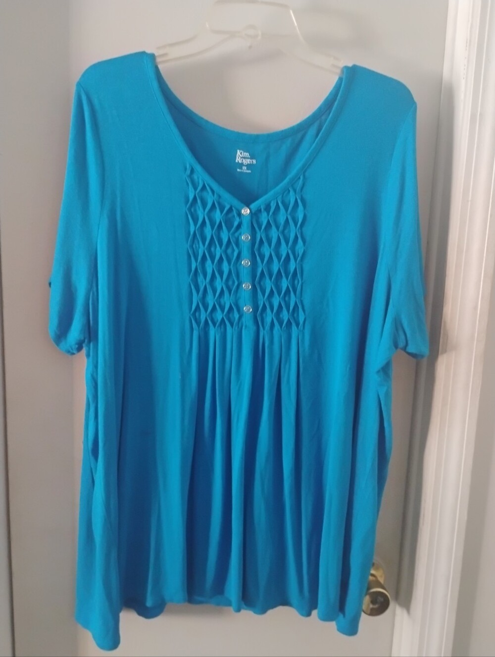Kim Rogers Bright Blue Smocked Pleated Front Short Sleeve Top Size 2X